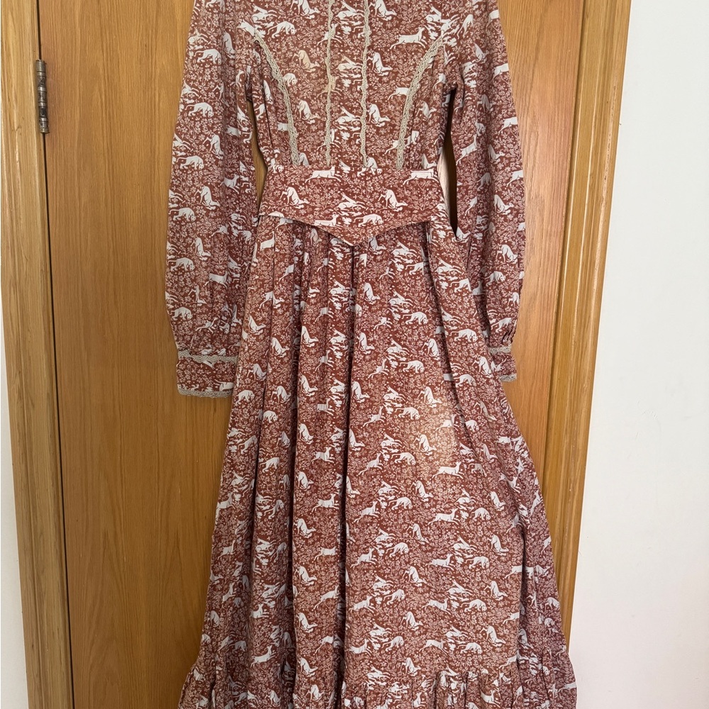 1970s Laura Ashley animal hunting print dress